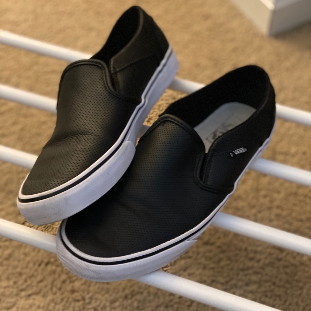 Vans Classic Black Leather Slip Ons